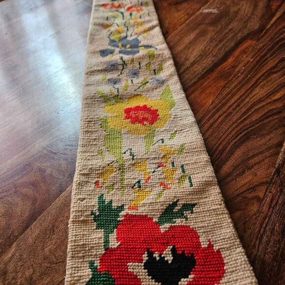 Vintage Scandinavian Hand Embroidered Floral Brass Wall Hanging Bell Pull 68" - Picture 5 of 9